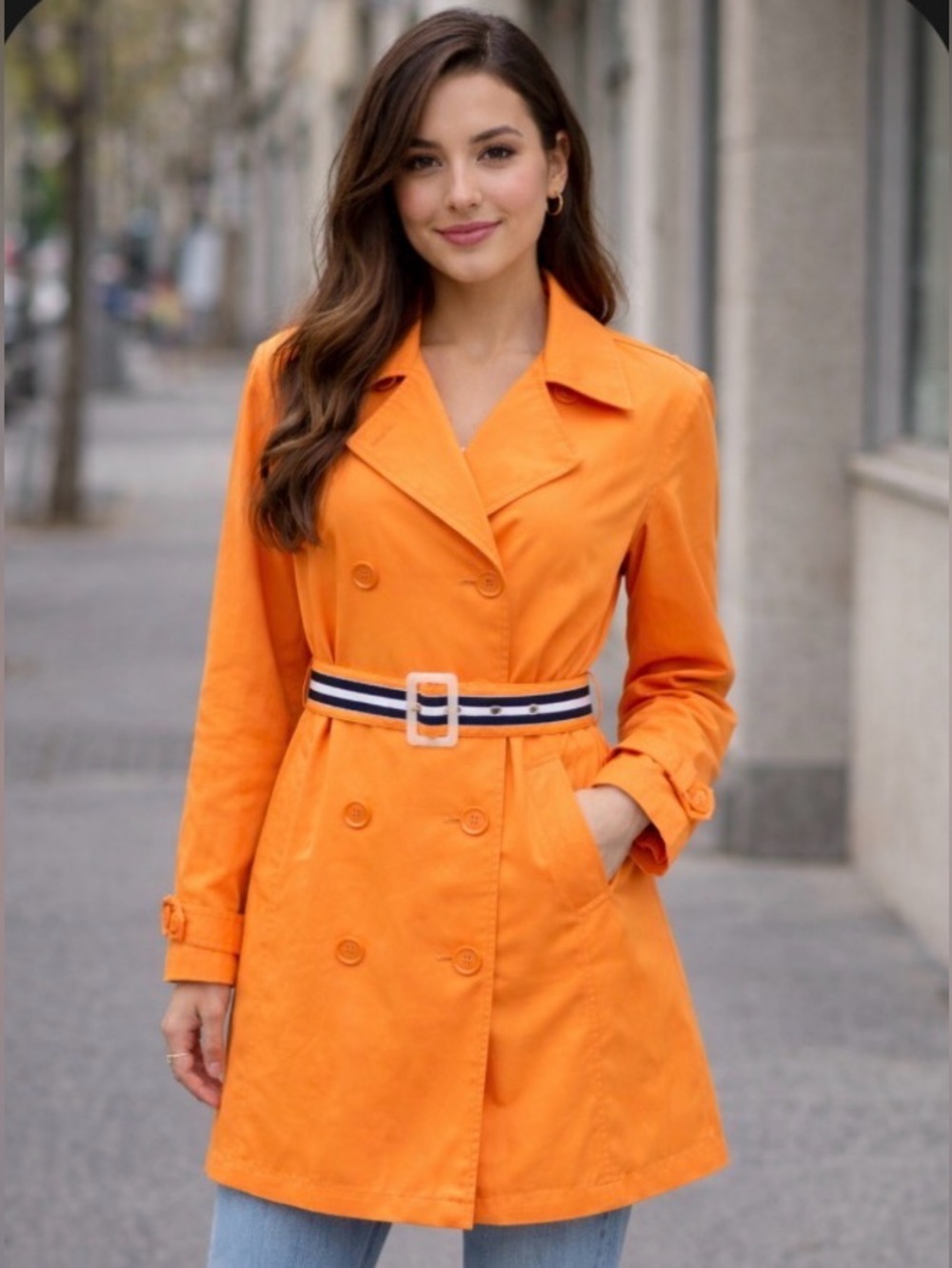 IZOD Orange Lightweight Belted Trench Coat, Hot Pink Lining, Women size Medium